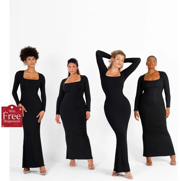 Popilush Shapewear Square Neck Long Sleeve Slimming Modal Maxi Dress in Black M - Picture 4 of 13